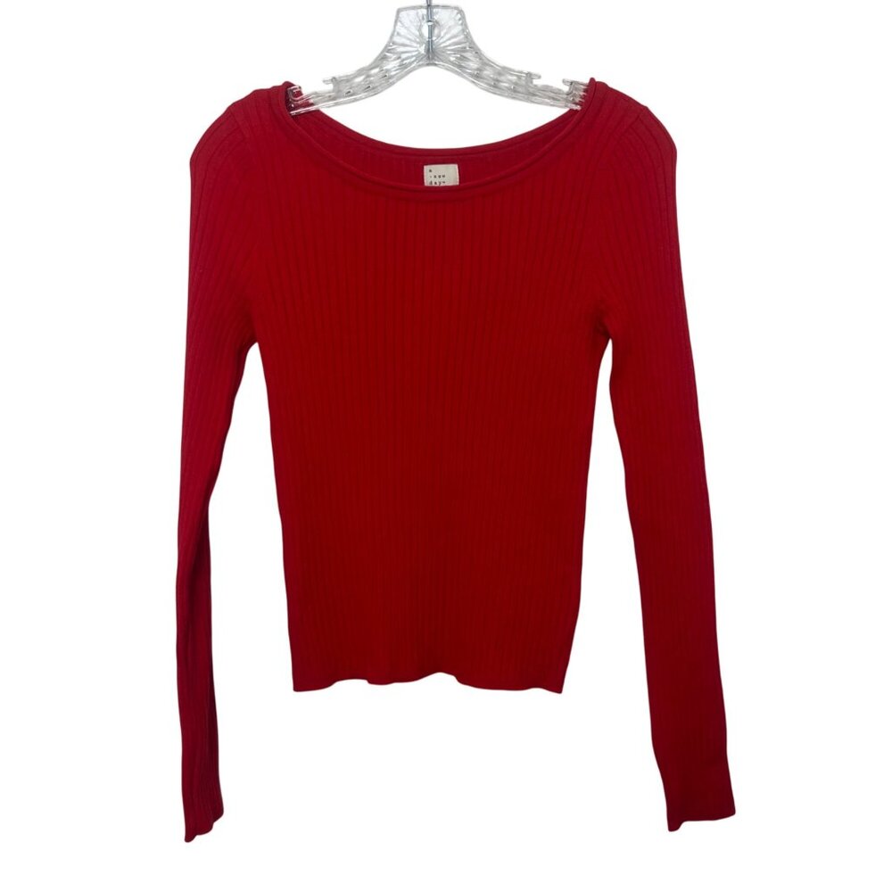 A New Day Ribbed Knit Sweater Shirt Womens Medium Red New Long Sleeves